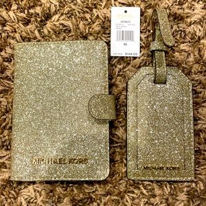 NWT Pale Gold Glitter Michael Kors Travel Passport Holder & Luggage Tag Set